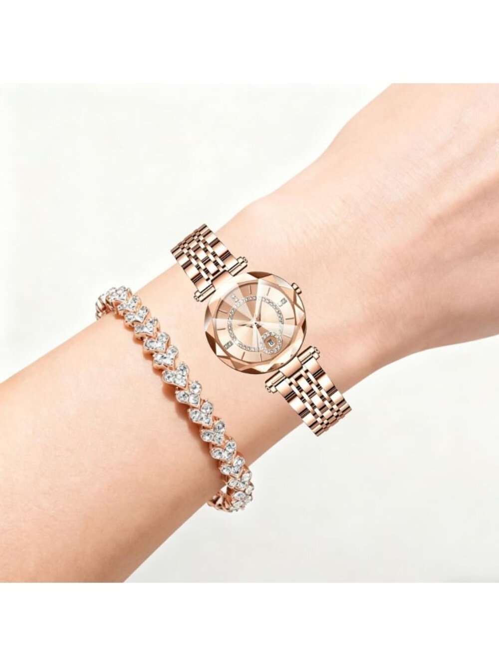 Women's Rose Gold Rhinestone Bracelet Creative Stainless Steel Strap Wristwatch - Picture 3 of 5